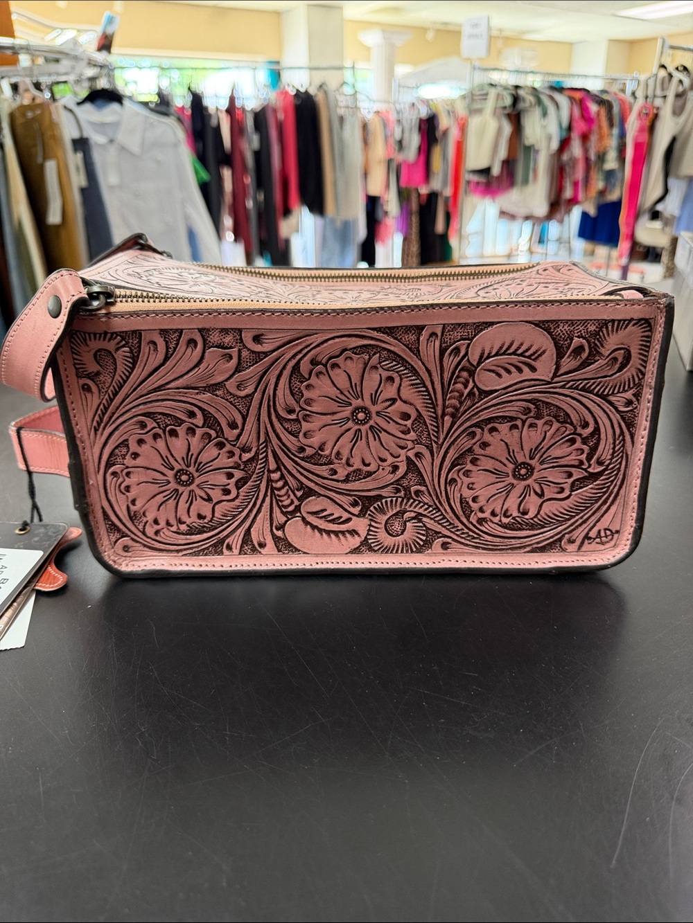 American Darling Pink Tooled Floral Wristlet Clutch with Wrist Strap